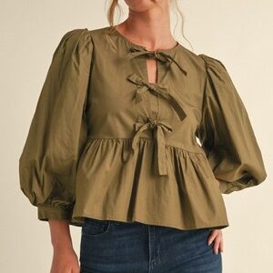Jodifl Olive Green Women's Top with Bow Details - NWT Medium